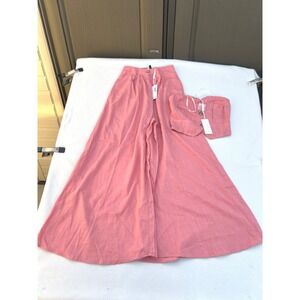 Petal and Pup Alexandra Pant Set Pink Linen Blend Wide Leg High Waist Crop Top S
